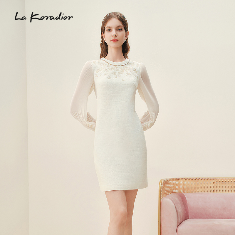 La Koradior拉珂蒂女修身通勤时尚法式气质洋装裙圆领长袖连衣裙