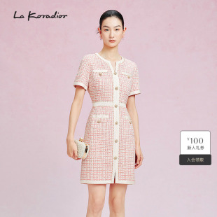连衣裙女 格纹花纱香风气质单排扣v领短袖 Koradior拉珂蒂新款
