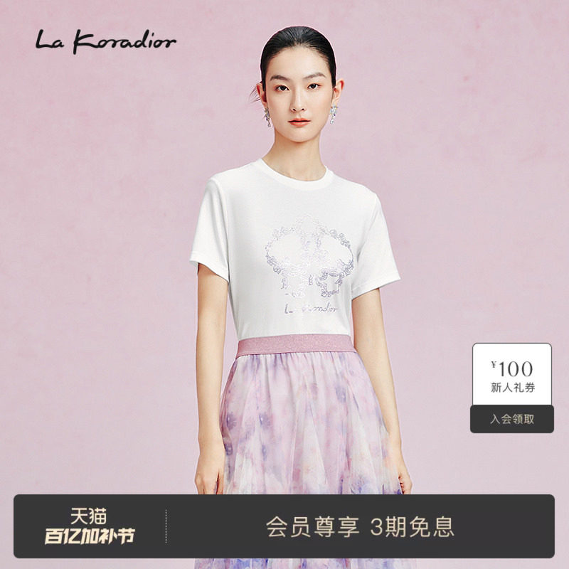 La Koradior拉珂蒂新款圆领白色蝴蝶兰烫钻纯棉T恤衫上衣通勤女
