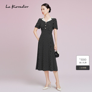 Koradior拉珂蒂显瘦减龄气质2025夏波点桑蚕丝通勤连衣裙女