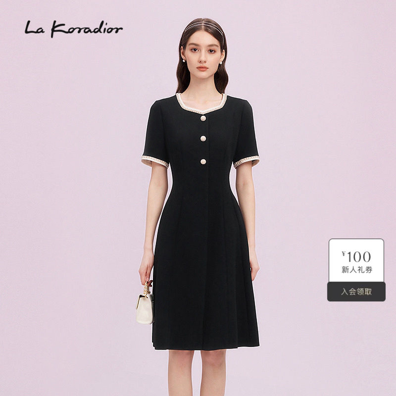 【进口三醋酸】Lakoradior拉珂蒂商场同款黑色裙高腰蕾丝连衣裙