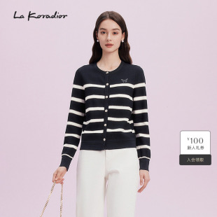 上衣 女春秋长袖 Lakoradior拉珂蒂商场同款 气质深蓝白条纹针织开衫