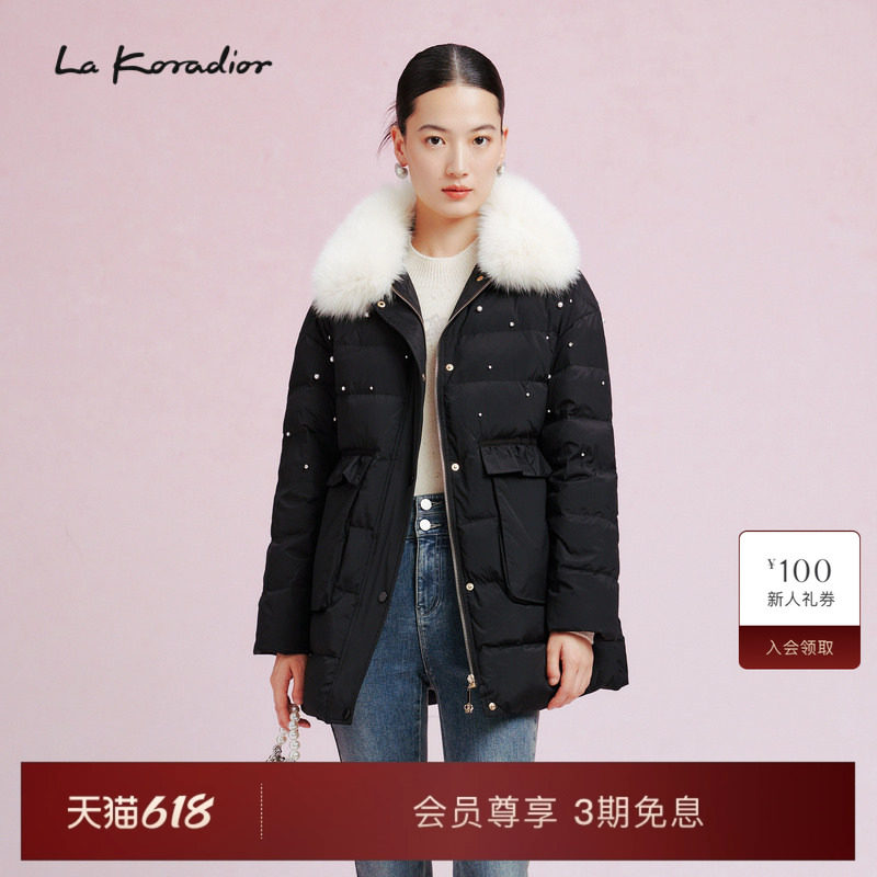 La Koradior拉珂蒂修身通勤时尚狐狸毛领羽绒服中长款鹅绒外套女