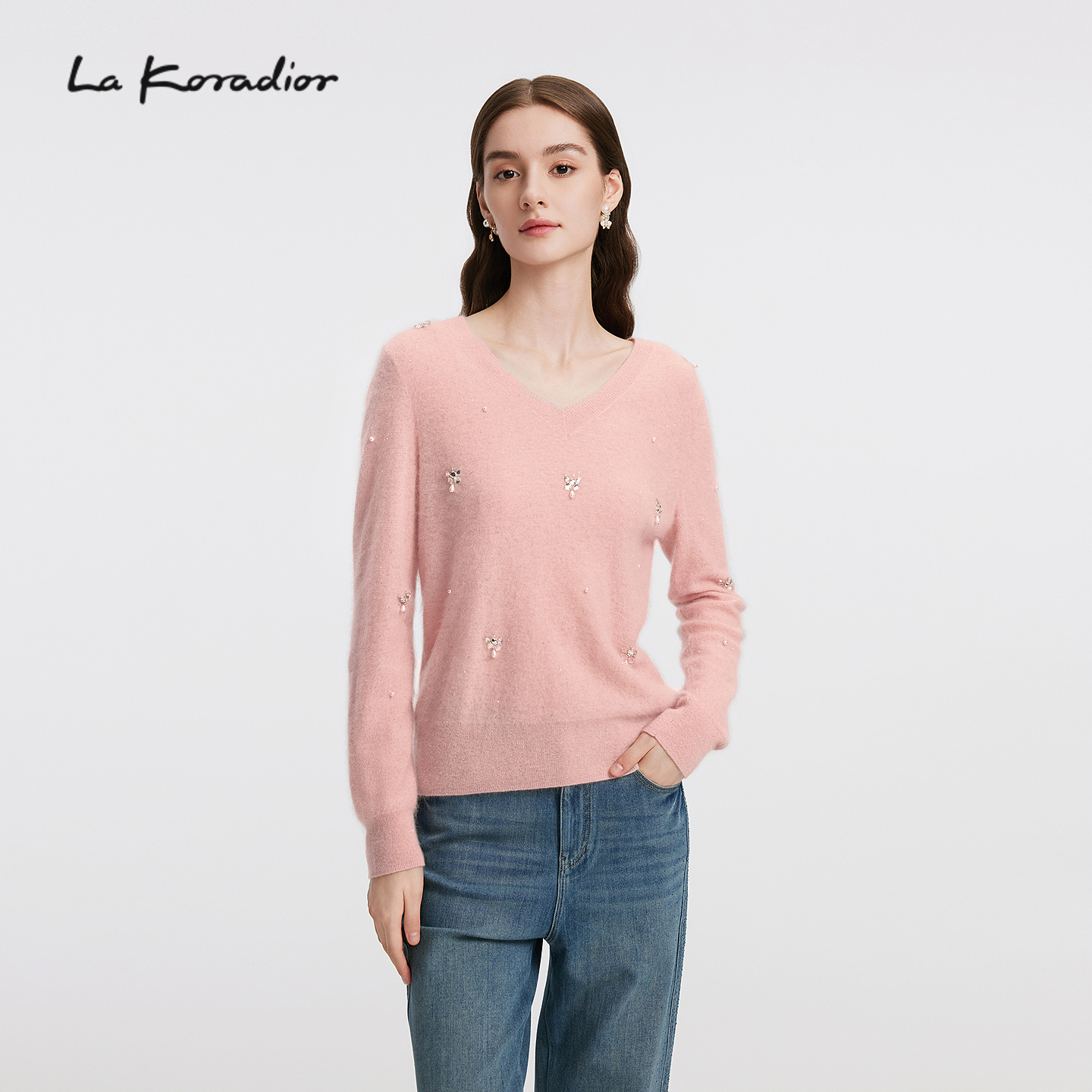 【商场同款】Lakoradior拉珂蒂秋新款气质V领重工钉珠针织衫