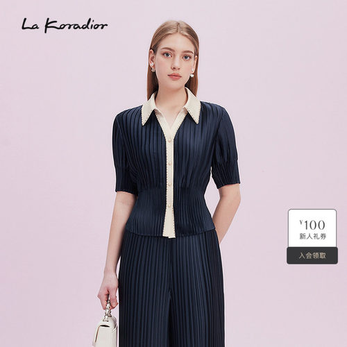 La Koradior拉珂蒂通勤优雅2025商场同款新款撞色翻领短袖上衣女