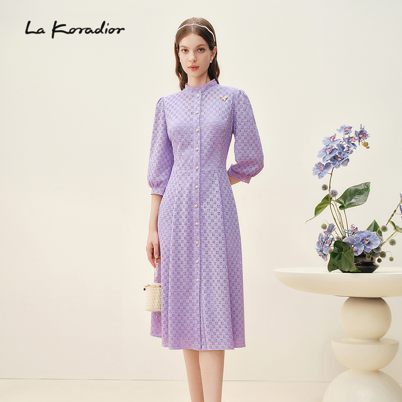 Lakoradior拉珂蒂时尚商场同款优雅淡紫春季立领泡泡袖裙连衣裙女