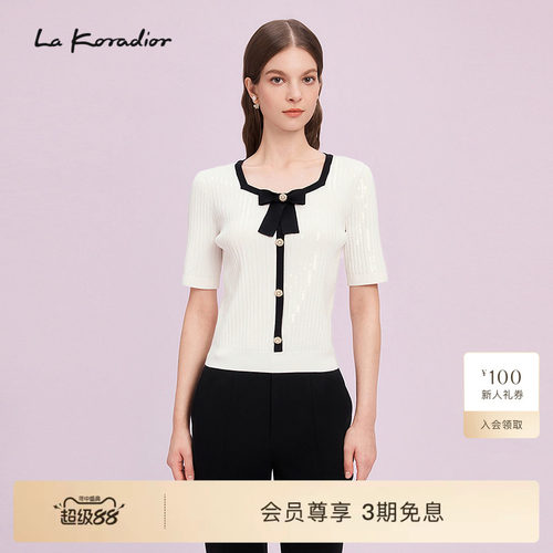 Lakoradior拉珂蒂商场同款白色短袖针织衫女优雅蝴蝶结装饰上衣