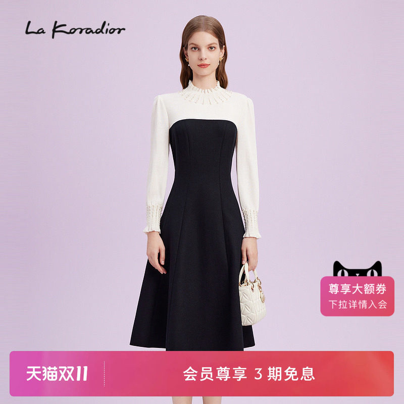 La Koradior拉珂蒂商场同款时尚新款高腰法式钉珠气质礼服连衣裙