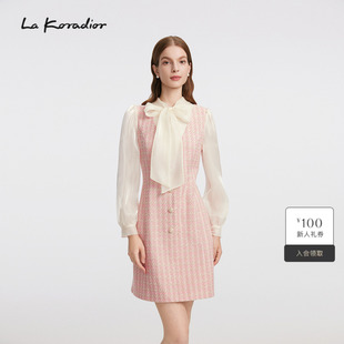 假两件连衣裙 Koradior拉珂蒂气质女减龄秋冬香风蝴蝶结泡泡袖