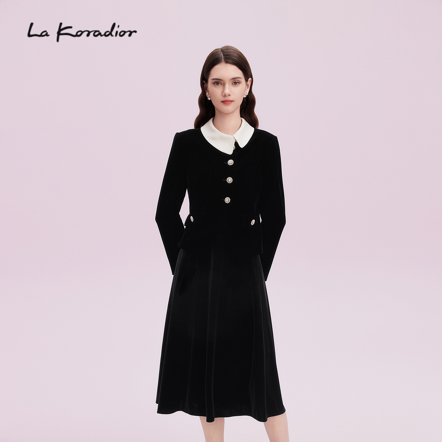 【商场同款】La Koradior拉珂蒂丝绒秋复古赫本风撞色翻领短外套