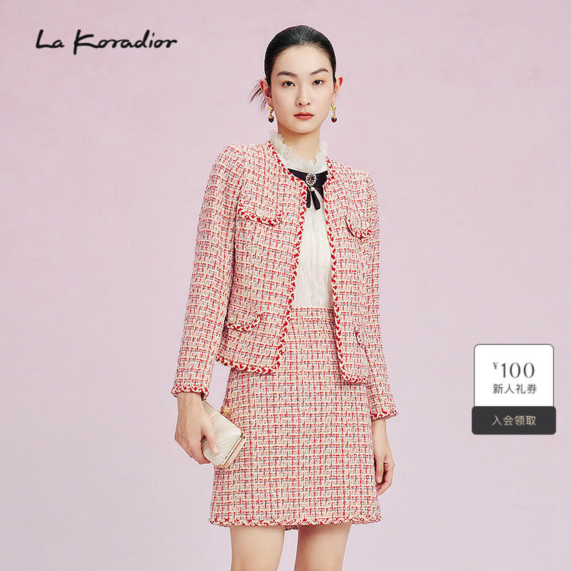La Koradior拉珂蒂春季通勤新款圆领法式香风编织外套短上衣女
