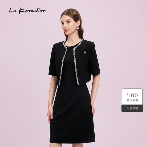 La Koradior拉珂蒂商场同款春季新款气质短袖黑色上衣圆领女外套