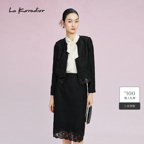 La Koradior拉珂蒂女春季通勤新款法式香风修身圆领气质黑色外套