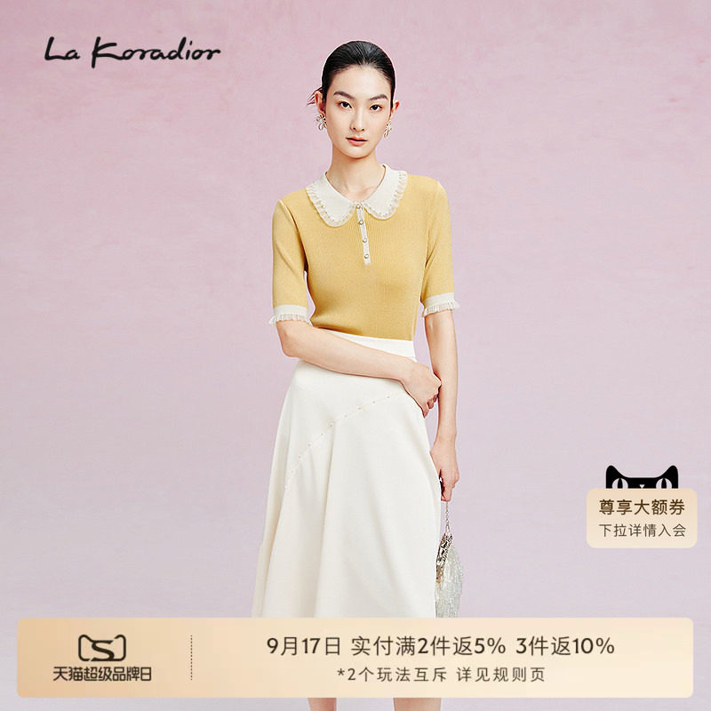 La Koradior拉珂蒂春季新款宫廷风翻领短袖法式小衫女拼接打底衫