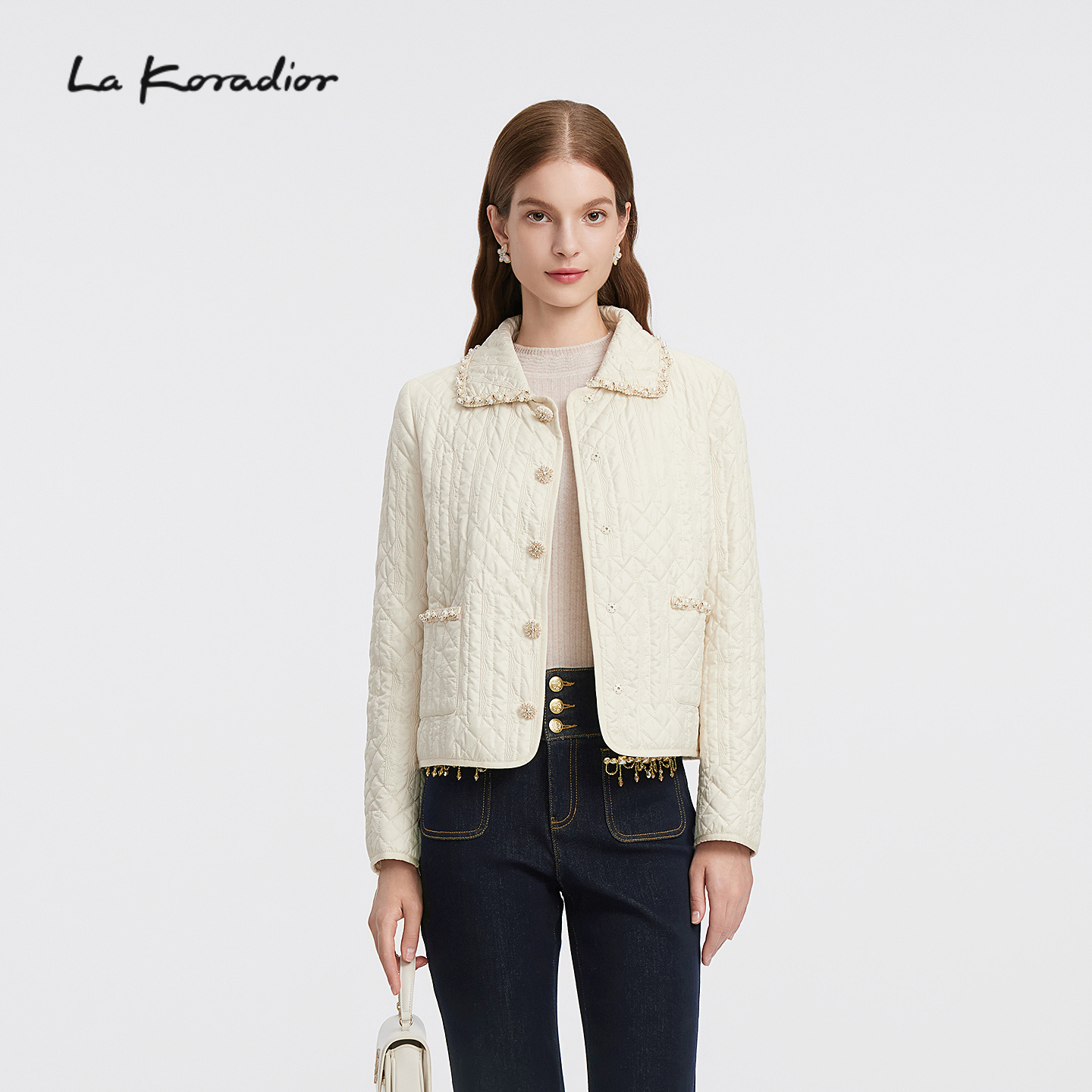 【商场同款】La Koradior拉珂蒂女秋冬新款气质香风菱格纹短棉服