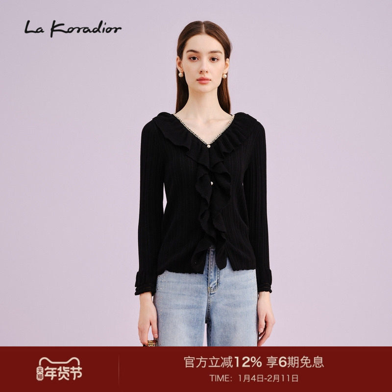 【羊毛】La Koradior拉珂蒂商场同款法式钉珠黑色针织毛衫秋季女,女装/女士精品,毛针织衫,淘宝优惠券,粉丝福利购,淘宝优惠卷