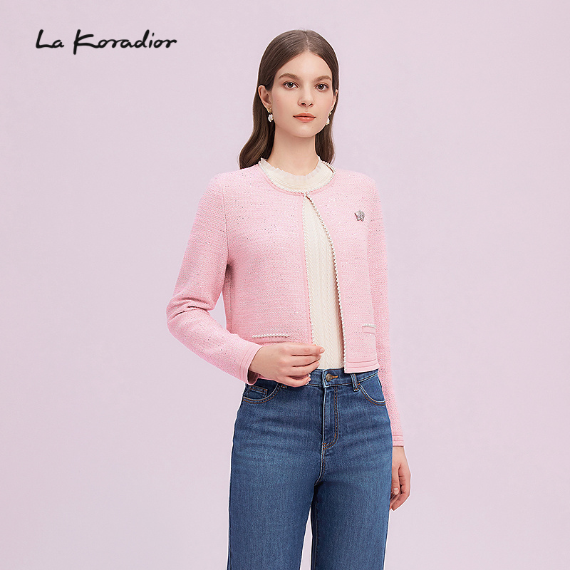 La Koradior拉珂蒂商场同款优雅修身气质休闲开衫纯色针织上衣女