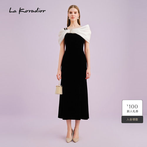 【商场同款】La Koradior拉珂蒂秋季拼接黑白礼服裙中长款鱼尾裙