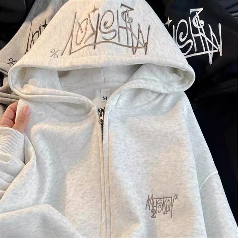 重工刺绣！连帽卫衣拉链外套女加绒加厚春秋高街潮牌情侣宽松帽衫