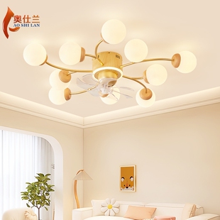 魔豆灯客厅风扇吸顶灯木纹新款 儿童度摇头现代简约一体餐厅吊扇灯