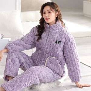 睡衣女冬季夹棉珊瑚绒三层保暖加厚加大法兰绒女士家居套装可外穿