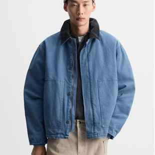 棉质拼接翻领帆布夹克外套4575250 男装 ZAR2025年春秋季 新品