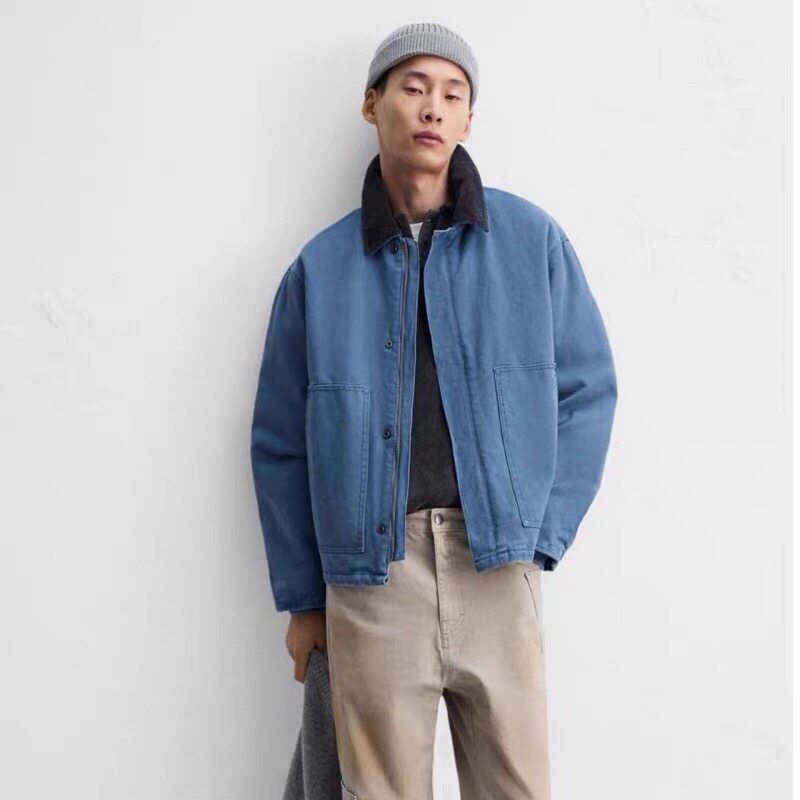 ZA折扣24冬季新品男装新年系列棉质拼接翻领帆布夹克外套4575250