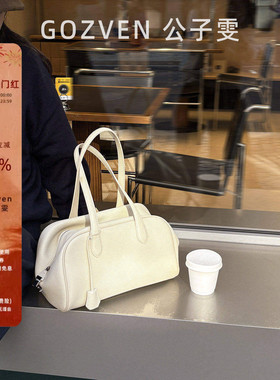 【公子雯】波士顿包2025通勤白色头层牛皮手提单肩腋下包保龄球包