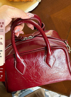 kimsappar韩国小众波士顿保龄球包包休闲手提单肩斜挎红色婚包