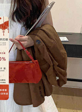 TR笔筒包女真皮2025秋新款90s小众高级感极简麂皮绒红色手提斜挎