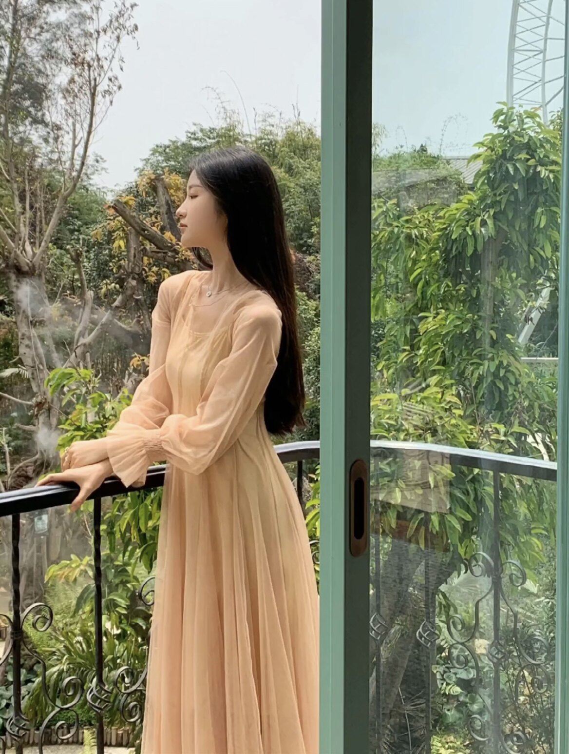 抖音凌舒何同款复古仙女网纱罩衫吊带木耳边袖连衣裙两件套中长裙