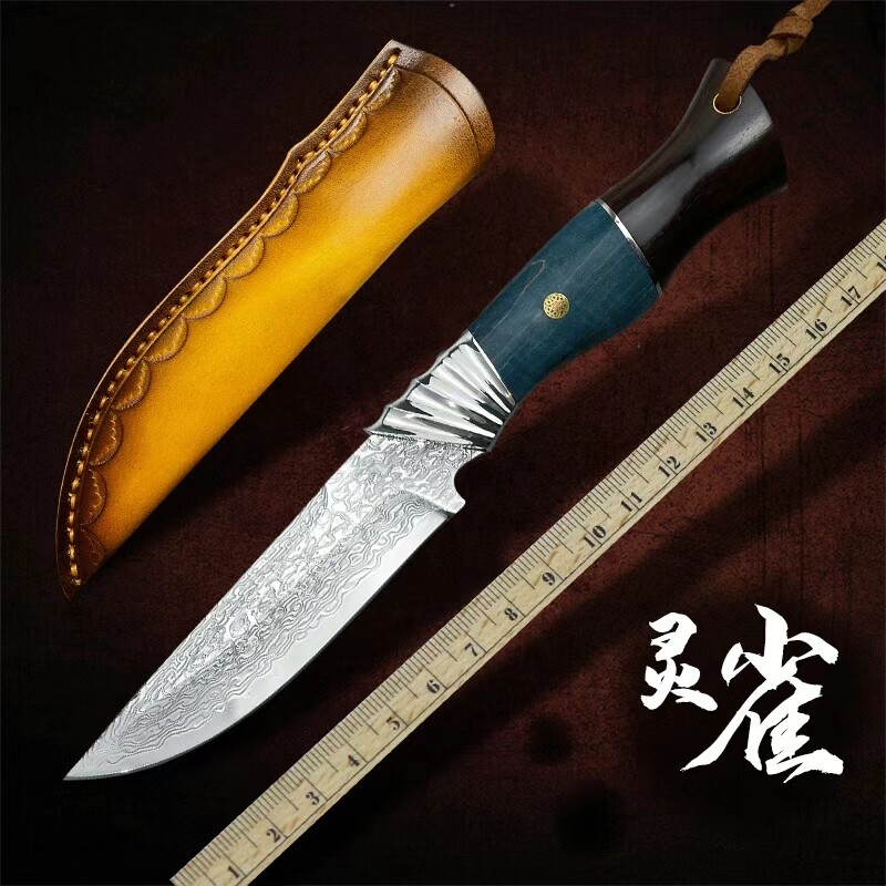 灵雀锻打大马士革钢VG10直刀锋利收藏刀