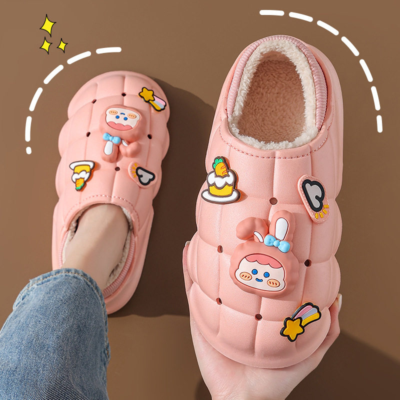 冬季情侣棉拖鞋女包跟加绒保暖居家毛毛卡通防水踩屎感厚底棉鞋