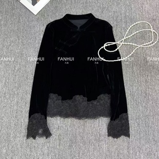 女修身 衬衫 显瘦百搭上衣1227 盘扣立领蕾丝拼接丝绒长袖 早春新中式