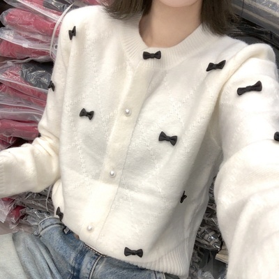 冬季甜美淑女风立体蝴蝶结圆领针织开衫女白色长袖气质上衣1205