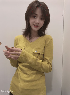 T恤308 欧洲站春季新款女装小v领螺纹宽松拼接口袋绿色小衫