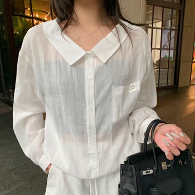 Aura mode慵懒风白色衬衫女长袖翻领宽松防晒百搭气质上衣524