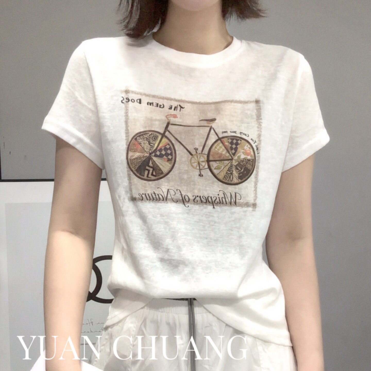 夏季新款美式卡通自行车印花短袖T恤女宽松百搭减龄上衣418