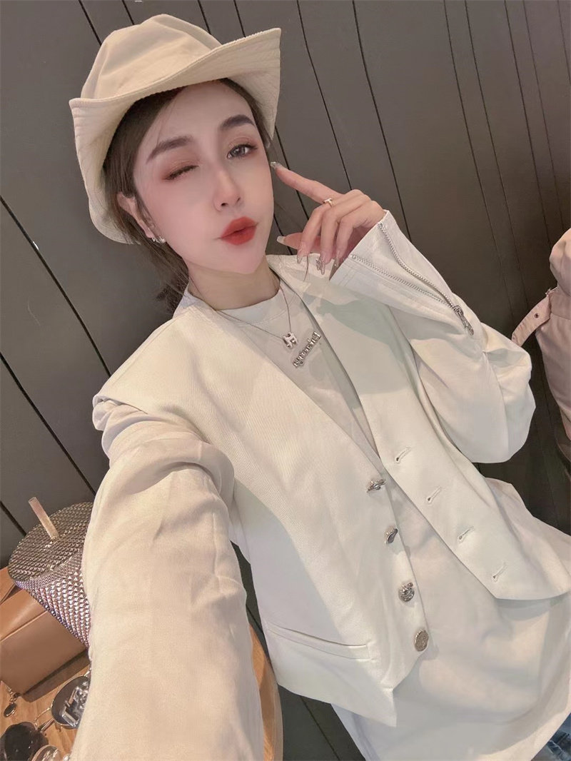 套装314  欧洲站春秋新款女装中长款泡泡袖打底搭配短款马甲