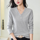 宽松纽扣百搭气质秋冬上衣体恤打底衫 纯棉V领长袖 t恤女2026春新款