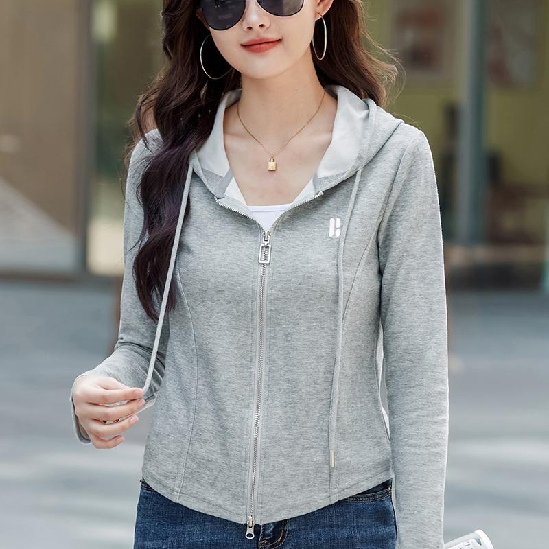薄短款外套女早春秋款 连帽开衫拉链运动小衫修身卫衣长袖t恤上衣
