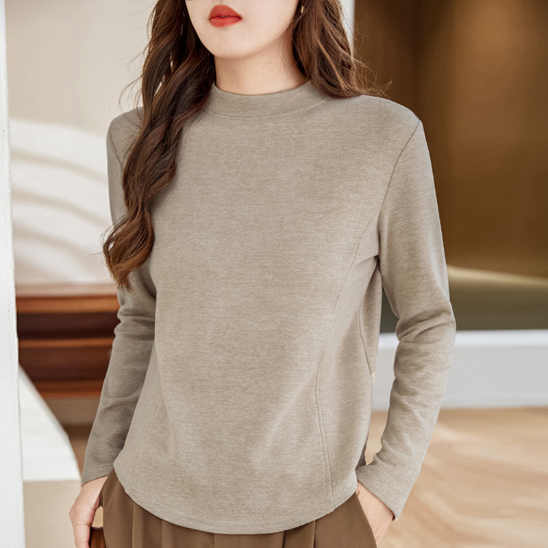 半高领长袖打底衫女内搭秋冬新款宽松鱼骨设计感弧形下摆短款上衣