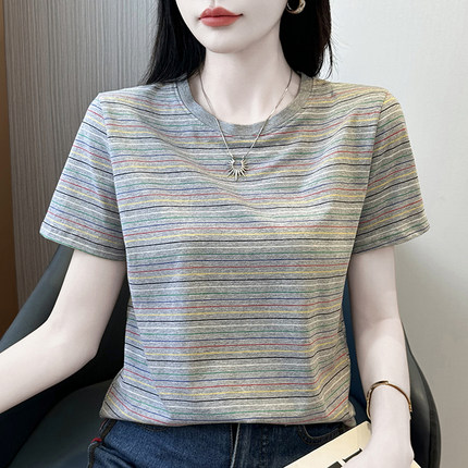纯棉正肩条纹短袖t恤女夏装2026新款宽松显瘦遮肚子休闲体恤上衣