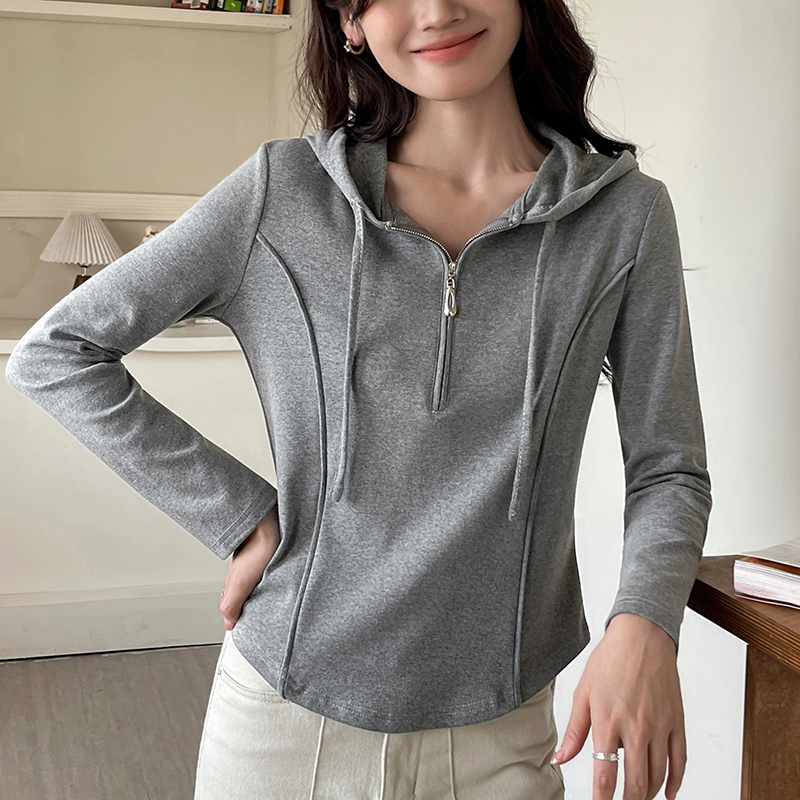 纯棉拉链半开领长袖上衣T恤女秋冬款流行加厚宽松连帽卫衣打底衫