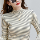 洋气加厚保暖内搭条纹t恤女长袖 上衣 女秋冬修身 纯棉半高领打底衫
