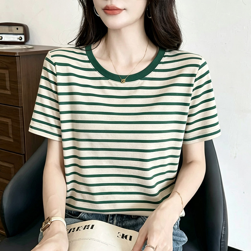 棉质条纹宽松短袖t恤女2026新款夏季正肩圆领高级感体恤汗衫上衣