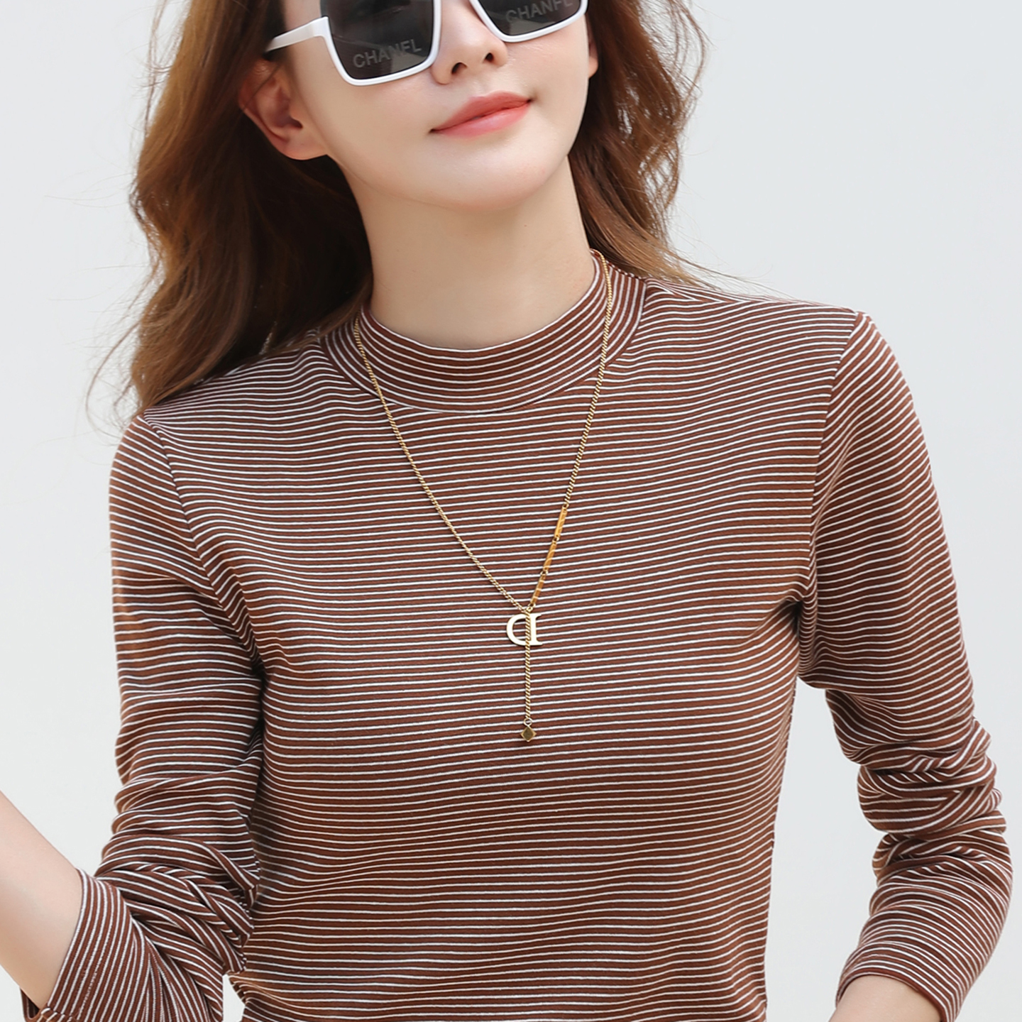 条纹半高领打底衫女2025新款长袖T恤纯棉中领内搭保暖上衣春秋冬