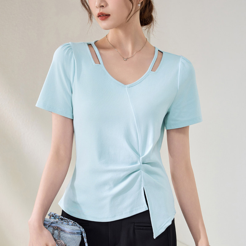 V领不规则短袖t恤女2026夏季新款设计感小众棉质体恤别致短款上衣