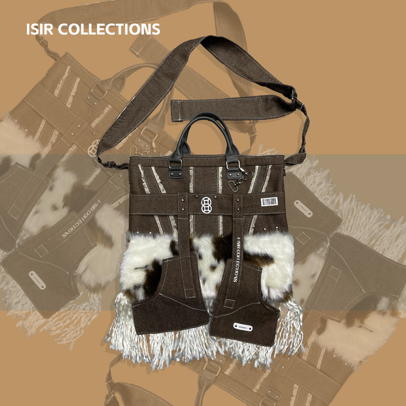 ISIR游牧奶牛毛绒拼接牛仔斜挎包