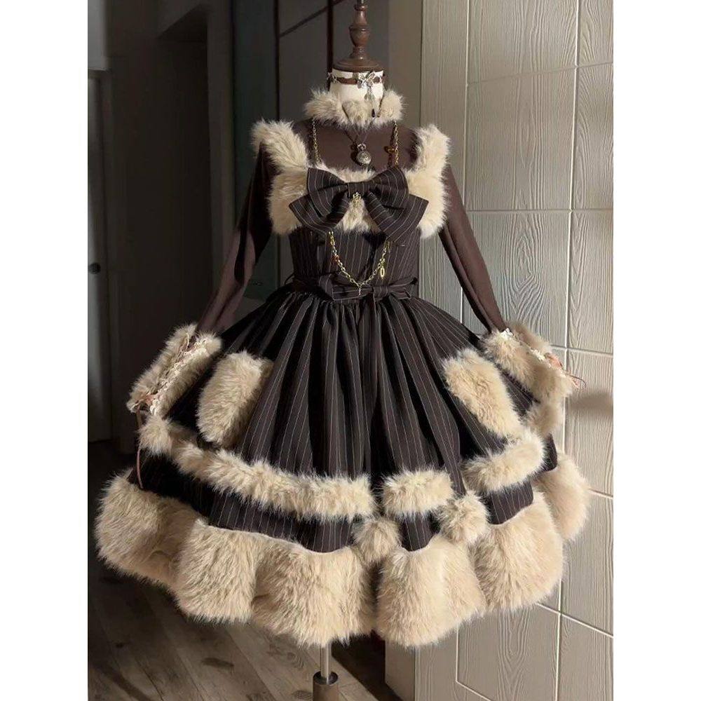 【栗子蒙布朗】小个子复古洛丽塔蝴蝶结条纹吊带裙+内搭两件套装